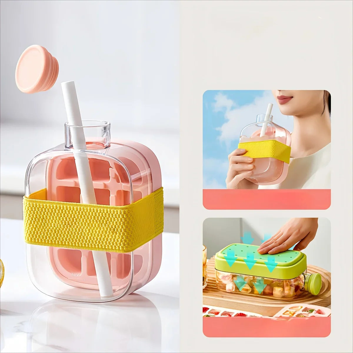 Revolutionary 2-in-1 Ice Cube Mold and Water Bottle with Straw - Effortless Ice Release and Hydration on the Go!