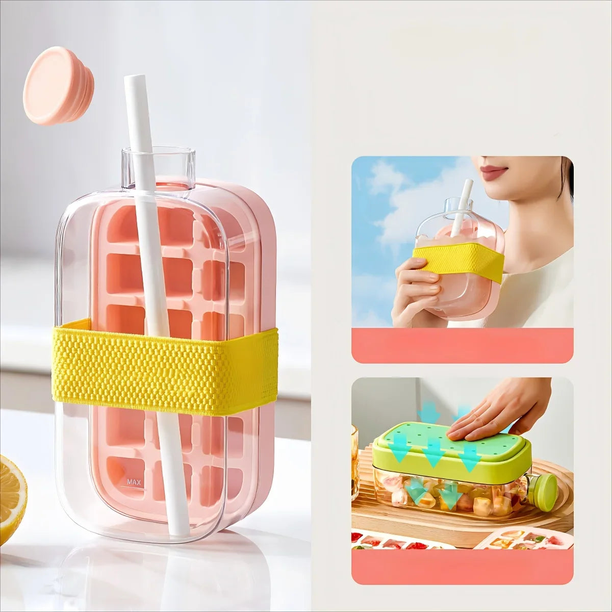 Revolutionary 2-in-1 Ice Cube Mold and Water Bottle with Straw - Effortless Ice Release and Hydration on the Go!